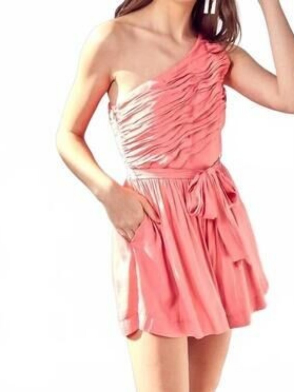 DO+BE One-Shoulder Pink Ruched Tie-Waist Romper Size S Party Cocktail Drape